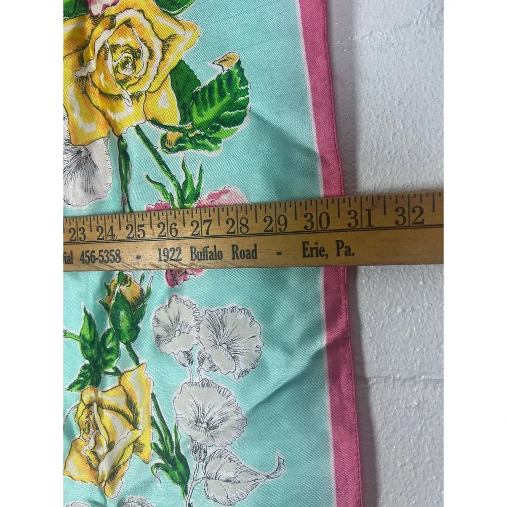 Vintage Brico Rayon Square Scarf Aqua Blue Pink Yellow Floral Rose Print 31x34